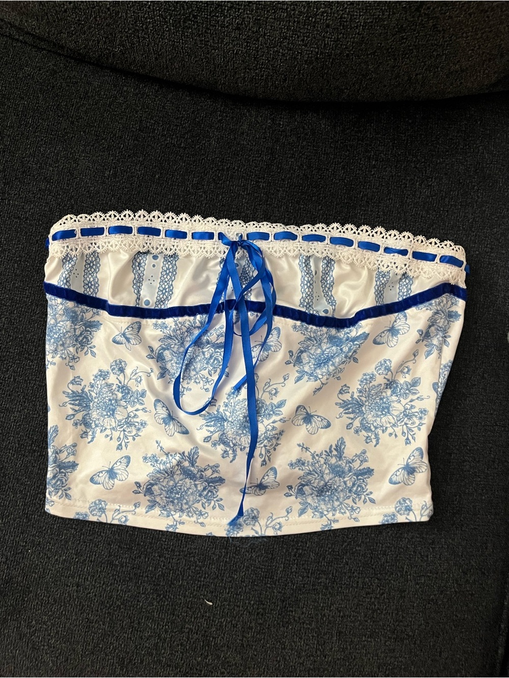 White and Blue Floral Tube Top with Ribbon